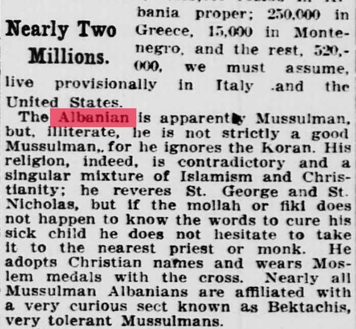 , Evening Star: Shqiptari është në dukje mysliman por i pagdhendur, ai nuk është rreptësisht mysliman, për shkak se shpërfill Kuranin